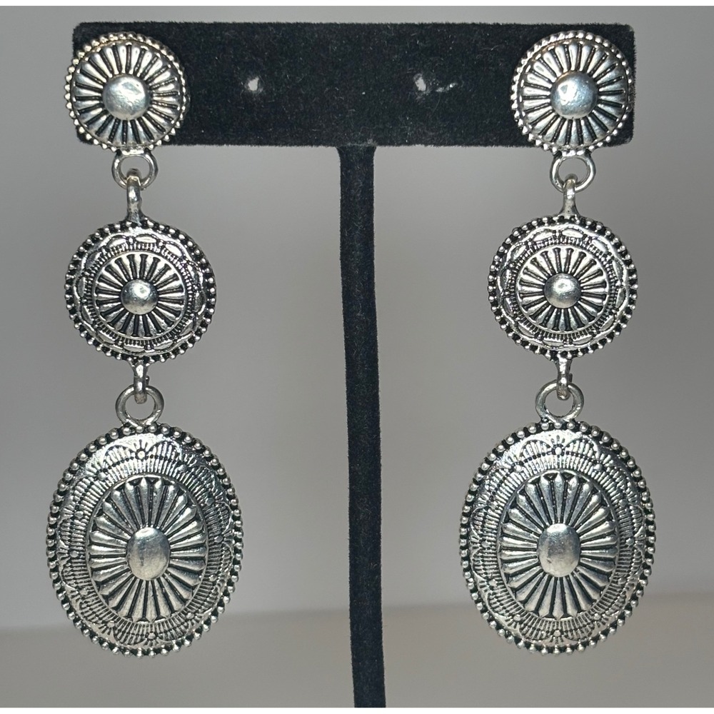 1990s Silver Tone Southwest Style Concho Drop Earrings Stamped Metal Dangle